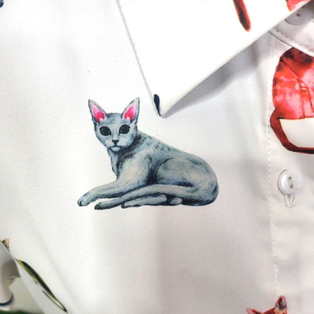 Cat Print Button Shirt Graphic Pattern Short Slee… - image 6